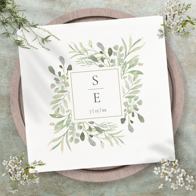 Guardanapos de Noiva com Folhagem Dourada Monogram (Monogram Wedding Greenery Foliage Gold Napkins)