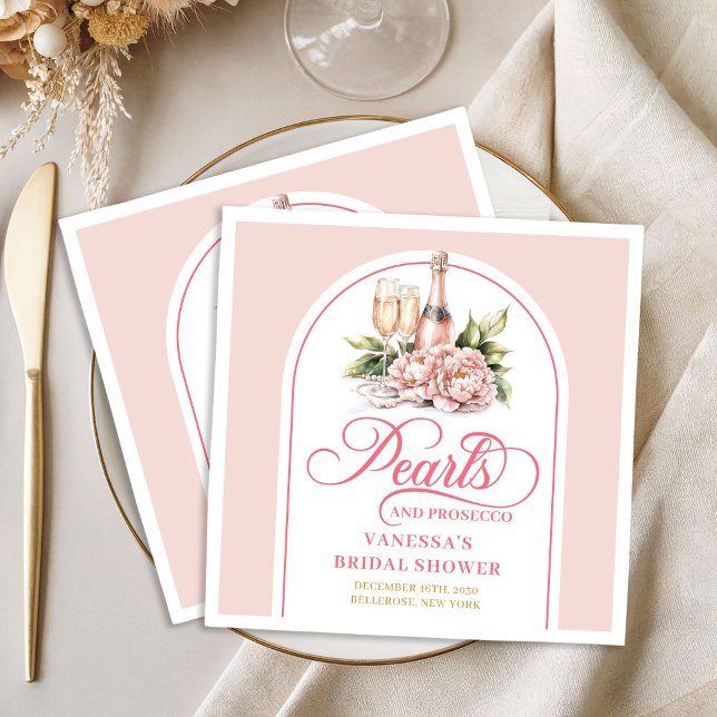 Guardanapos de Noiva com Pérolas e Prosecco em Aqu (Chic Watercolor Pearls and Prosecco Bridal Napkin)