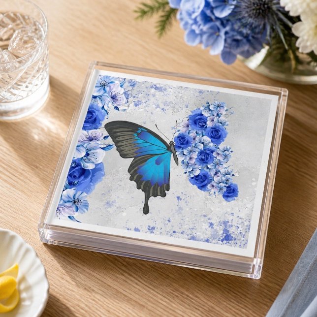 Guardanapos de papel com borboleta floral azul (Criador carregado)