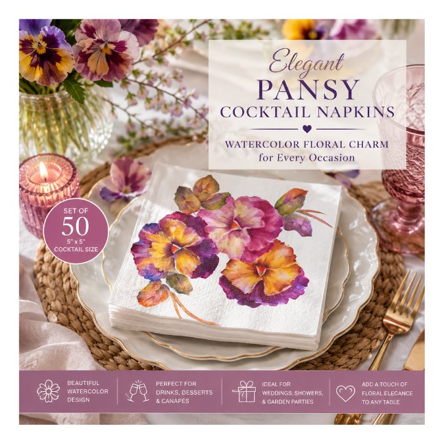 Guardanapos de Papel Floral Amor-Perfeito (Conjunt (Elegant watercolor pansy napkins for weddings, garden parties, birthdays, and high tea tables.)
