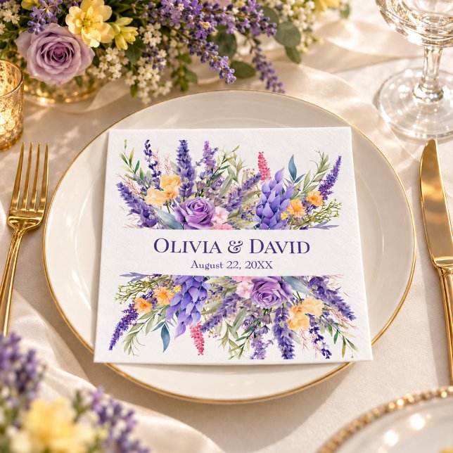 Guardanapos de papel para casamento com flores sil (Boho Lilac Watercolor Wildflower Wedding Napkins)