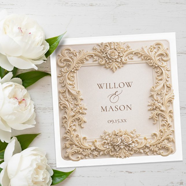 Guardanapos de papel para casamento com moldura fl (Gold Floral Frame Paper Wedding Napkins)