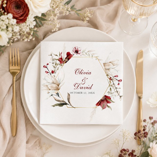 Guardanapos de papel para casamento floral marfim  (Burgundy Ivory Floral Wedding Paper Napkins)