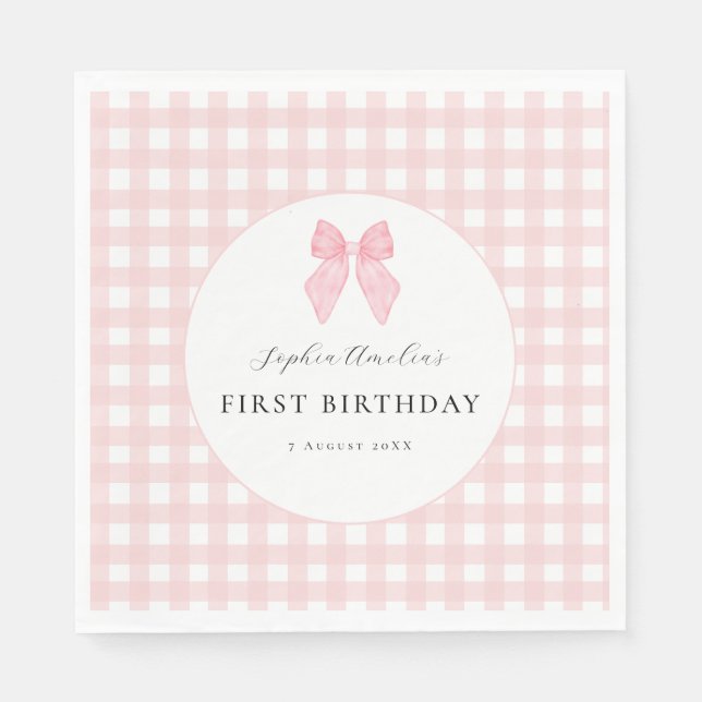 Guardanapos de papel Pink Bow Gingham 1º Aniversár (Frente)