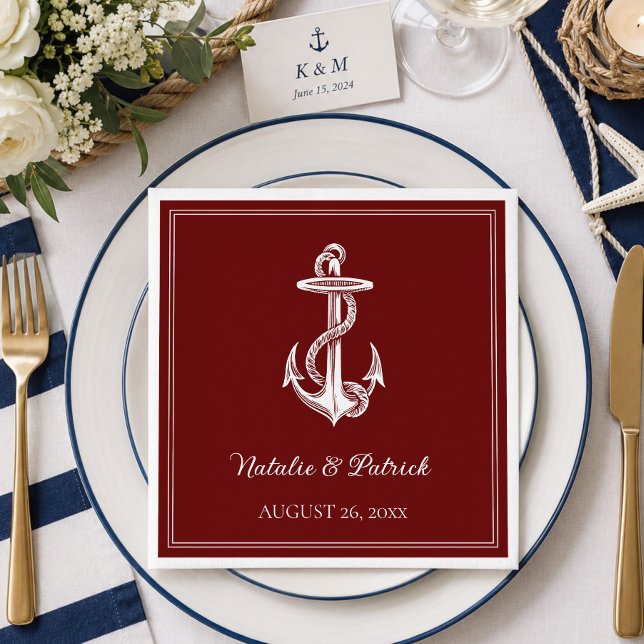 Guardanapos de papel vermelhos com âncora náutica  (Red Nautical Anchor Wedding Paper Napkins)