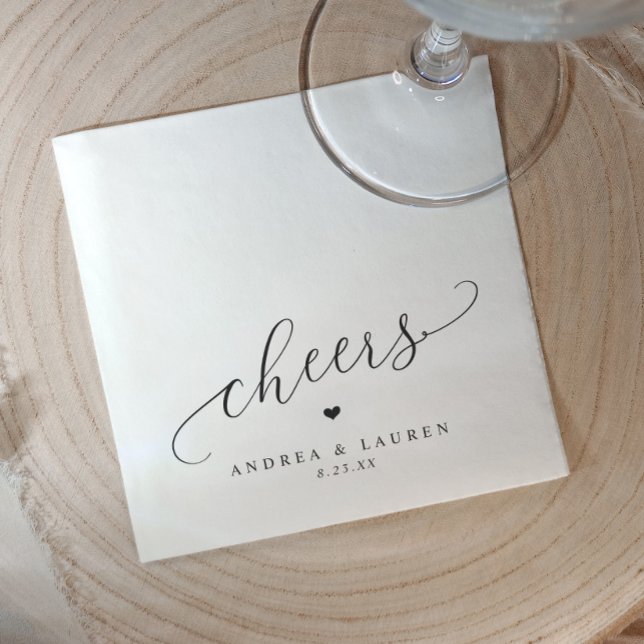 Guardanapos de Saudações Coração Casamento Moderno (Cheers napkins personalized with couple's names and wedding date. Perfect for wedding cocktails)