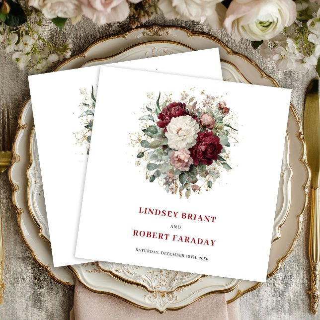 Guardanapos Dourados com Flores e Folhagens Boho M (Designer Boho Marsala Floral Greenery Gold Napkins)