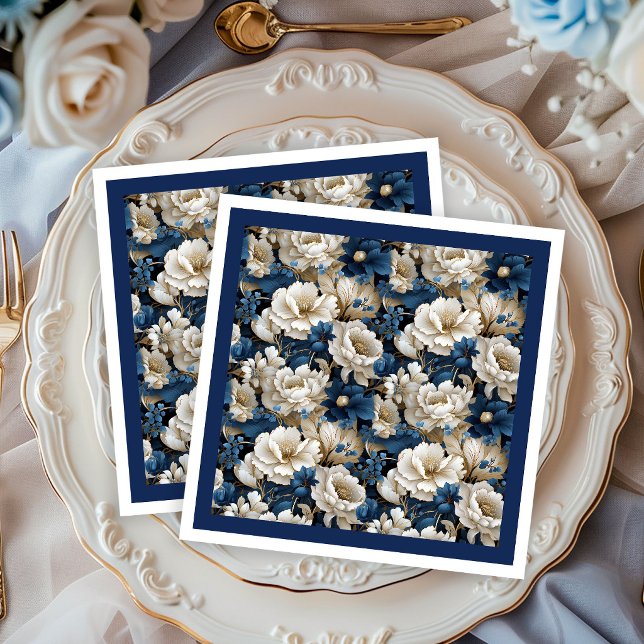 Guardanapos Elegantes Florais Marfim Branco Marinh (Opulent Navy White Ivory Floral Elegant Napkins)