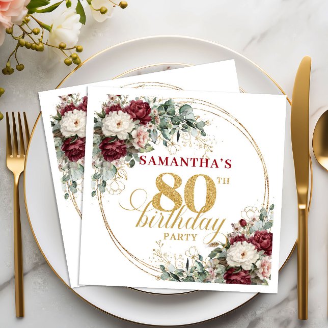 Guardanapos Florais Boêmios de Borgonha para 80º A (Bohemian Burgundy Floral 80th Birthday Napkins)
