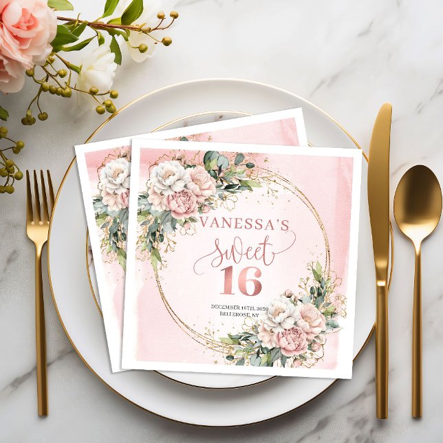 Guardanapos Florais Rosa Moderno para Sweet Sixtee (Modern Blush Pink Floral Sweet Sixteen Napkins)