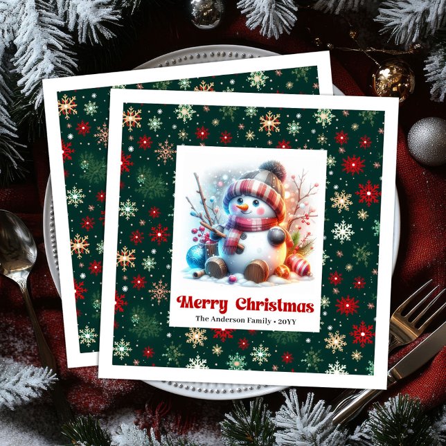 Guardanapos infantis divertidos e engraçados de bo (Playful funny snowman with snowflakes kids napkins)