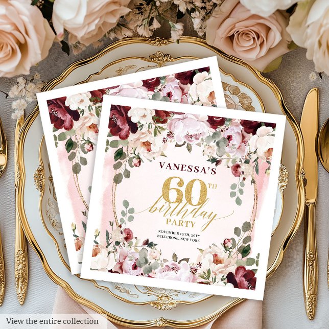 Guardanapos Minimalistas Boho Rosas Vermelhas para (Minimalist Boho Maroon Roses 60th Birthday Napkins

)