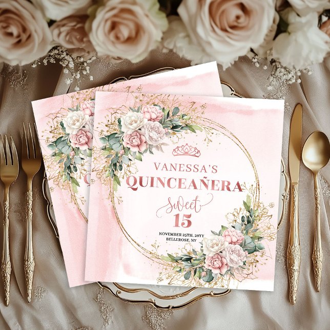 Guardanapos Mis Quince Rosa Choque Ouro Rosas (Blush Pink Rose Gold Flowers Mis Quince Napkins)