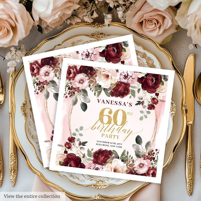 Guardanapos Modernos Boho Borgonha Floral 60 Anive (Modern Boho Burgundy Floral 60 Birthday Napkins

)