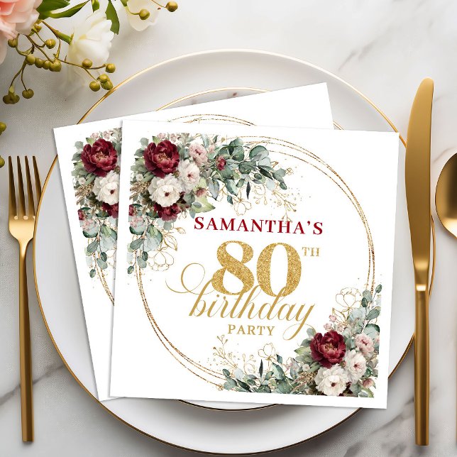 Guardanapos Modernos de Aniversário de 80 anos Flo (Modern Burgundy Floral Gold 80th Birthday Napkins)