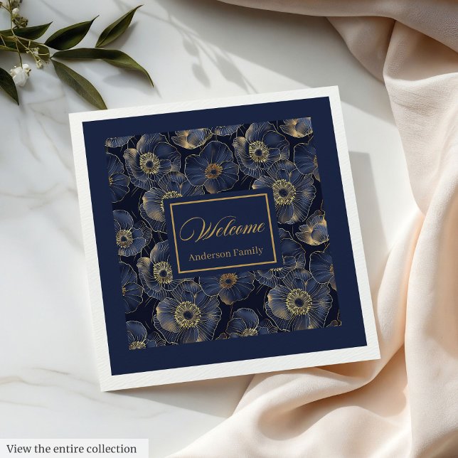 Guardanapos Navy Gold Lux com Nome Personalizado A (Navy Gold Lux Napkins Custom Name Floral Accent)