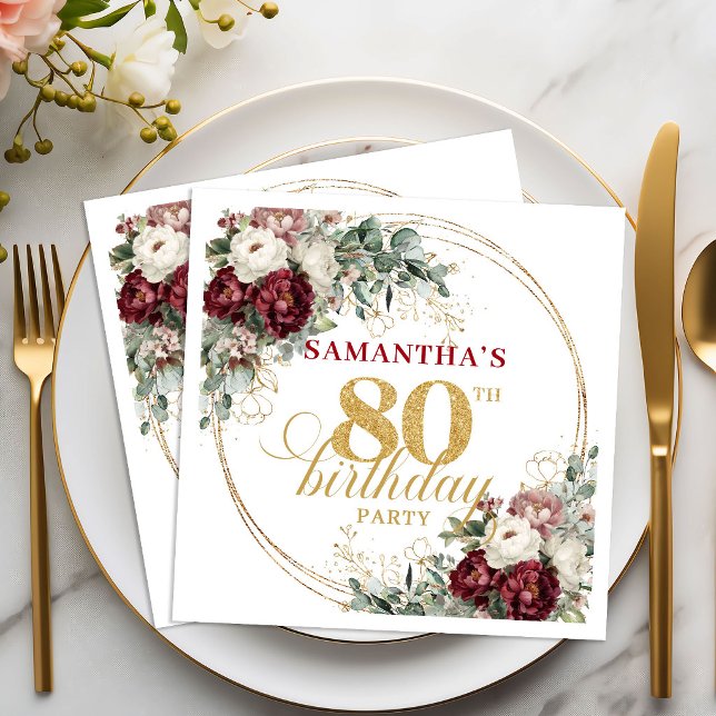 Guardanapos Opulent Marrom Floral Dourado para 80º (Opulent Maroon Floral Gold 80th Birthday Napkins)