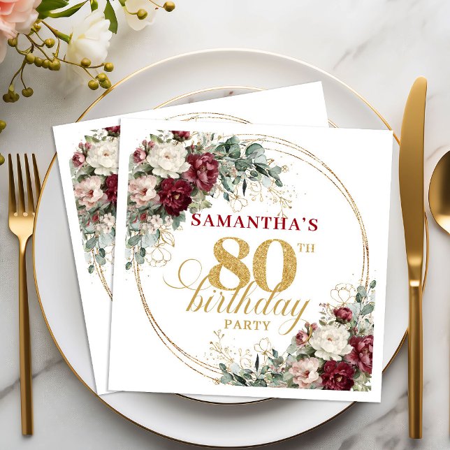 Guardanapos para 80º Aniversário Boho Burgundy Gre (Boho Burgundy Greenery 80th Birthday Napkins)