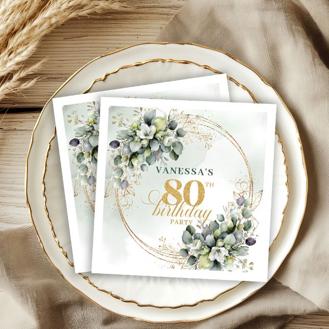 Guardanapos para 80º Aniversário com Aquarela Verd (Graceful Watercolor Greenery 80th Birthday Napkins)