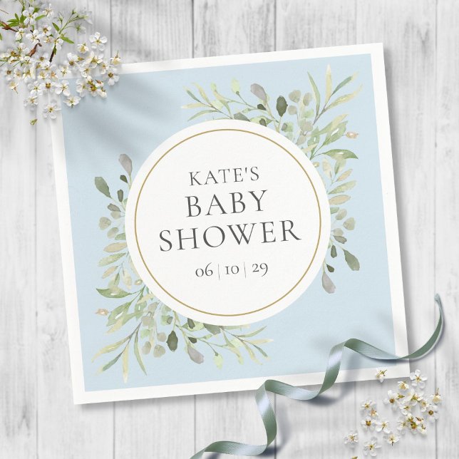 Guardanapos para Chá de Bebê Menino Azul com Veget (Watercolor Greenery Boy Blue Baby Shower Napkins)