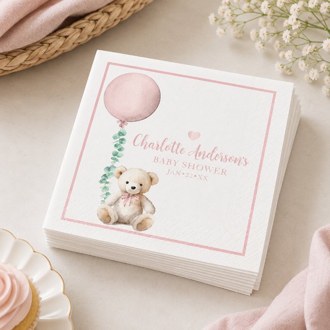 Guardanapos para Chá de Bebê Urso Rosa Bearly Wait (Pink Bearly Baby Shower Paper Napkins)