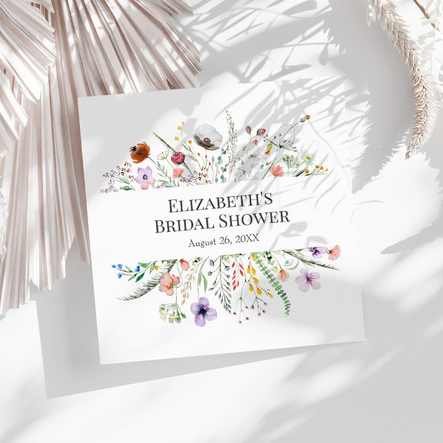 Guardanapos para Chá de Panela de Noiva Campo de F (Wildflower Meadow Bridal Shower Napkins on a sunny white table.)