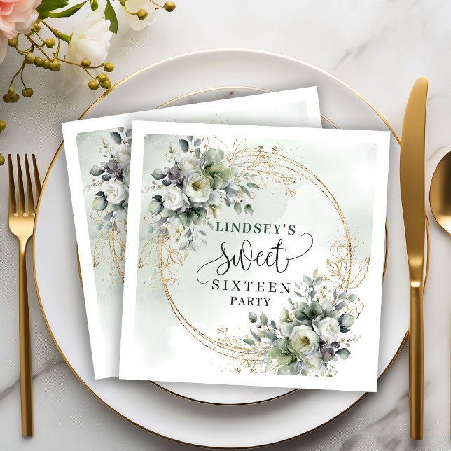 Guardanapos para Festa de Aniversário de 16 Anos e (Botanical Dusty Green 16th Birthday Party Napkins)