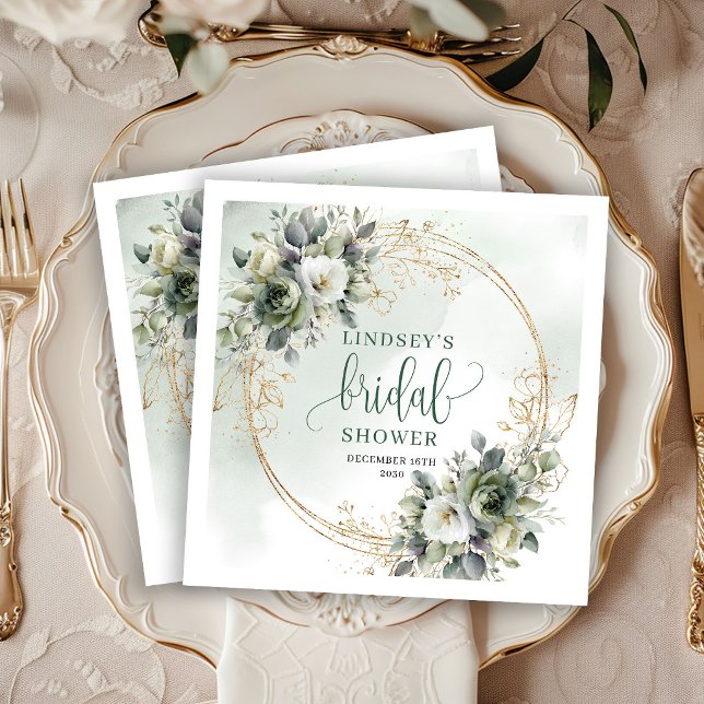 Guardanapos para festa de noivado com verde e dour (Watercolor Greenery Gold Bridal Shower Party Napkins)