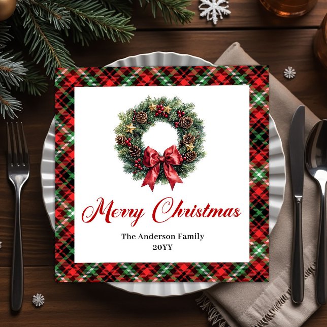 Guardanapos Personalizados com Arranjo de Natal Xa (Red Green Plaid Christmas Wreath Napkins Custom)