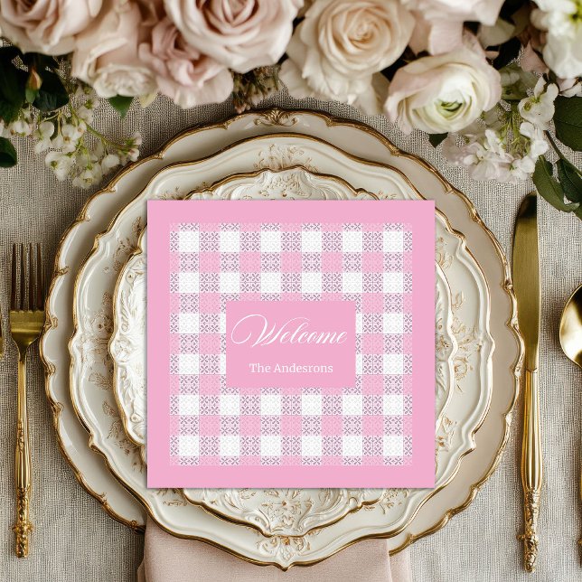Guardanapos Rosa Moderno Personalizados com Acento (Modern Pink Napkins Personalized Plaid Accent)