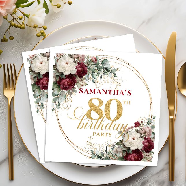Guardanapos Rusticos Boho Borgonha Florais para 80 (Rustic Boho Burgundy Floral 80th Birthday Napkins)