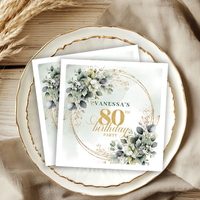 Guardanapos Rusticos de 80º Aniversário com Folhag (Rustic Greenery and Gold 80th Birthday Napkins)