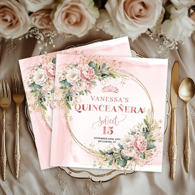Guardanapos Sweet 15 Rosa Flores Verdejante (Blush Pink Floral Greenery Sweet 15 Napkins)
