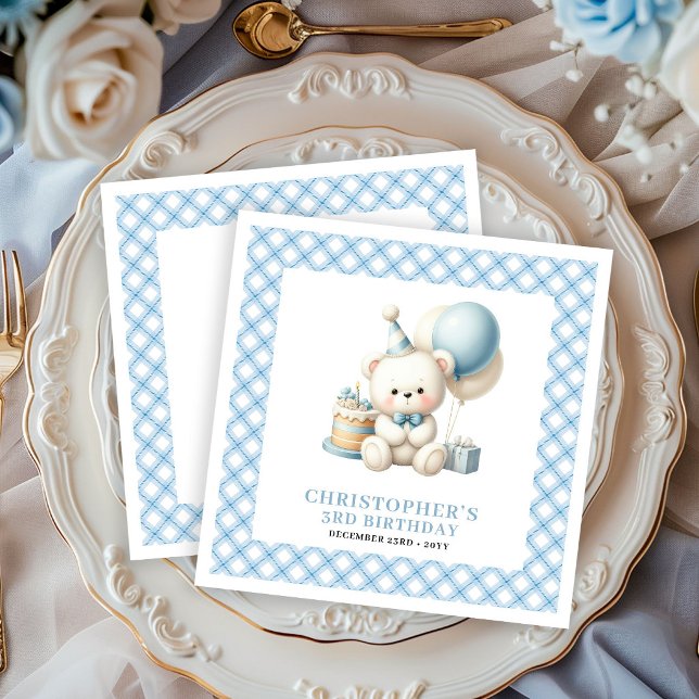 Guardanapos Tema Azul Bebê Urso de Pelúcia Anivers (Boy Birthday Napkins Teddy Bear Dusty Blue Theme)