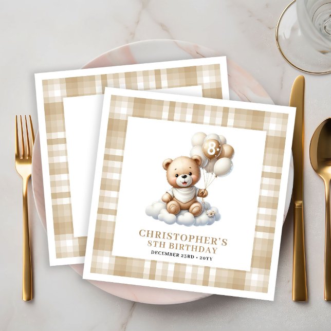 Guardanapos Tema Balão Dourado Urso Teddy para Ani (8th Birthday Party Napkins Teddy Bear Gold Theme)