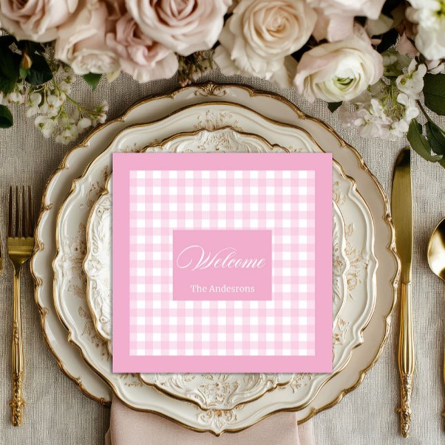 Guardanapos Xadrez Rosa Personalizados Acento de M (Personalized Pink Plaid Napkins Chic Table Accent)
