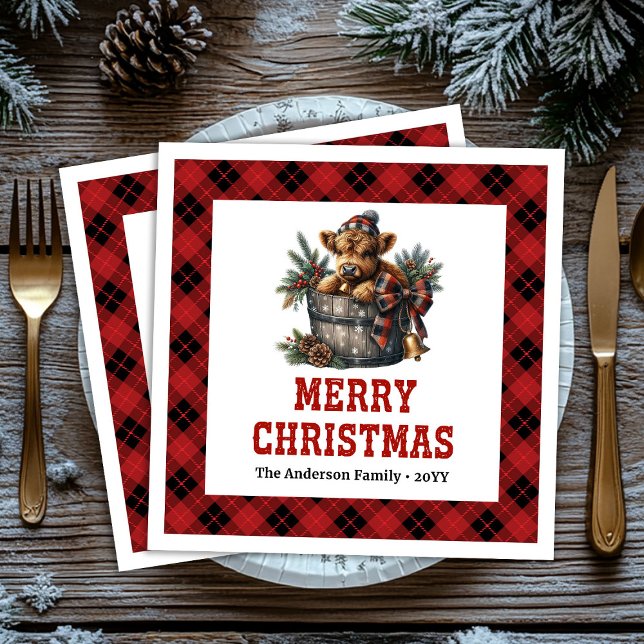 Guardanapos xadrez vermelhos e pretos clássicos de (Classic highland cow red black tartan napkin)