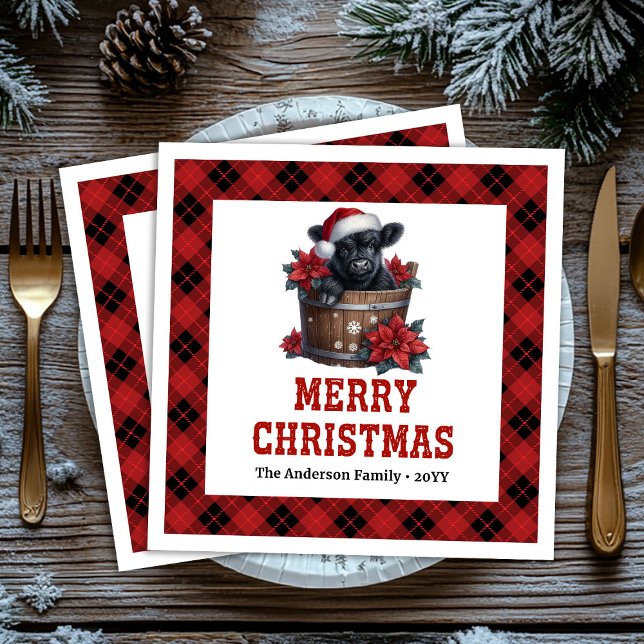 Guardanapos xadrez vermelhos e pretos de vaca das  (Festive highland cow red black tartan napkin)