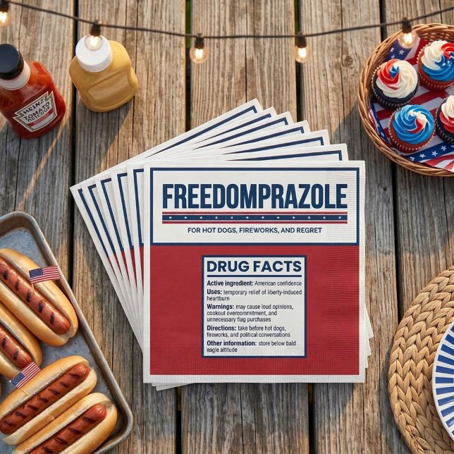 Guardiole de Liberdade Guardanapos Patrióticos Eng (Close-up of Freedomprazole party napkin design showing detailed fake drug facts label)
