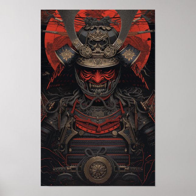Guerreiro Samurai Japonês em Red Face Armor Poster (Frente)