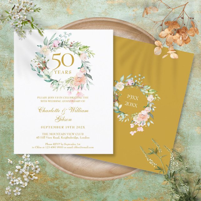 Guirlanda de Rosas de Orçamento Convite de 50º Ani (Budget Roses Garland 50th Anniversary Invitation)