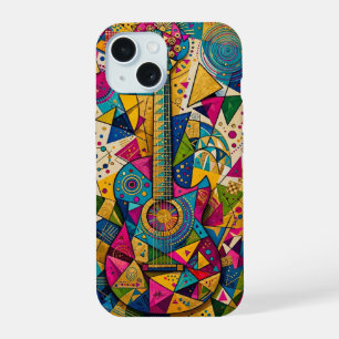 Guitarra Cósmica Dourada - Abstrato Cubista Vibran