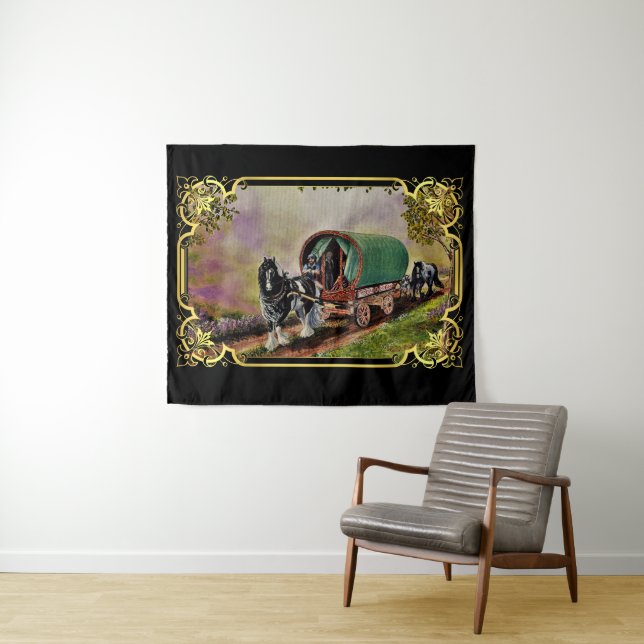 Gypsy Vanner Horse Irish Caravan Wagon Tapeçaria (In Situ (Horizontal))