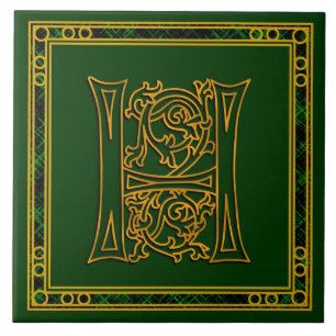 H Monograma "Irlandês Dourado em Verde" Azulejos 