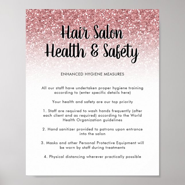 Hair Salon Health Safety Poster Rosa Glitter Doura (Frente)