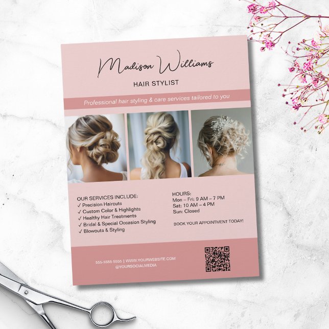 Hair Stylist Salon 3 Fotografias QR Folheto Rosa (Hair Stylist Salon 3 Photos QR Pink Flyer)