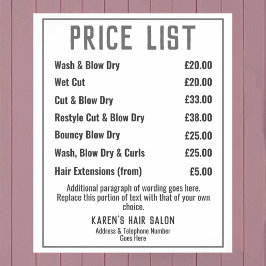 Hairdresser Hair Salon Price List Poster