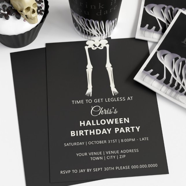 Halloween Birthday Skeleton Convite de festas (Happy Halloween Birthday! Time to get legless. Add your party details and have a spooktacular time)