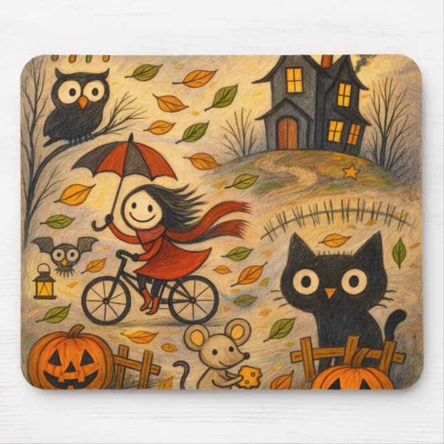 Halloween Cat & Bicycle Girl Mousepad (Frente)