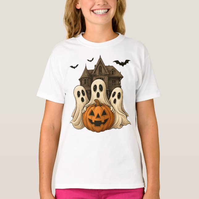Halloween Ghost and Pumpkin Cute Spooky T-Shirt (Frente)